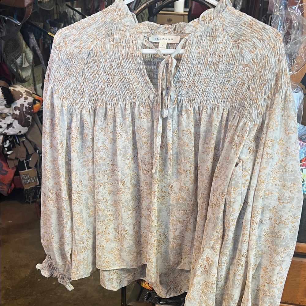 Free People Floral Smocked Blouse - Cream, Grey and Gold